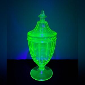 Uranium Depression Glass Jar with Lid Great Glow